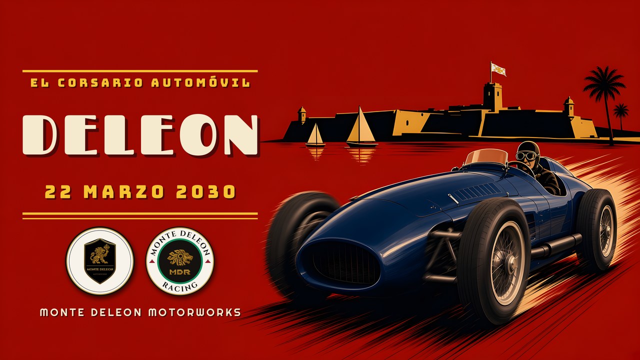 Art Deco race poster headed El CORSARIO Automóvil, DELEON, 22 Marzo 2030. A navy 1950s style front engined single seater, the CORSARIO, races past in streaks of speed on a red ground, with the Castillo de San Marcos in St. Augustine silhouetted over Matanzas Bay behind it. At lower left sit two round badges, the Monte DeLeon Motorworks constructor badge and the Monte DeLeon Racing MDR badge, above small print reading Monte DeLeon Motorworks.