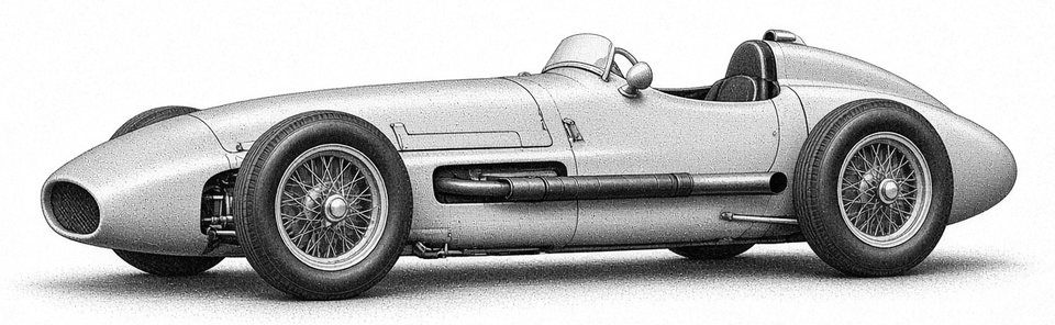 Ink-wash illustration of the CORSARIO in left side profile, nose to the left, showing the long bonnet, side exhaust, cockpit and tapering tail.